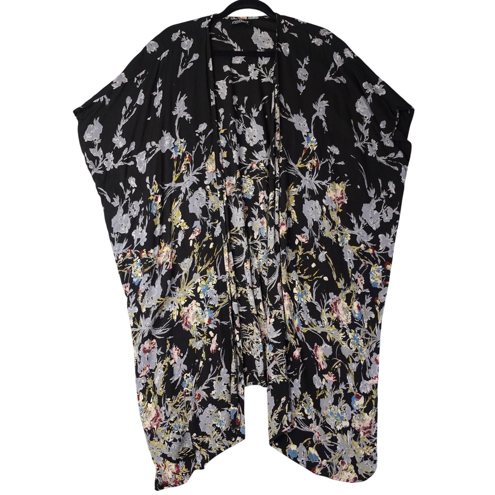Vintage Angie Kimono Womens OS Black Floral Rayon Flowy Open Boho Fairy Cover Up